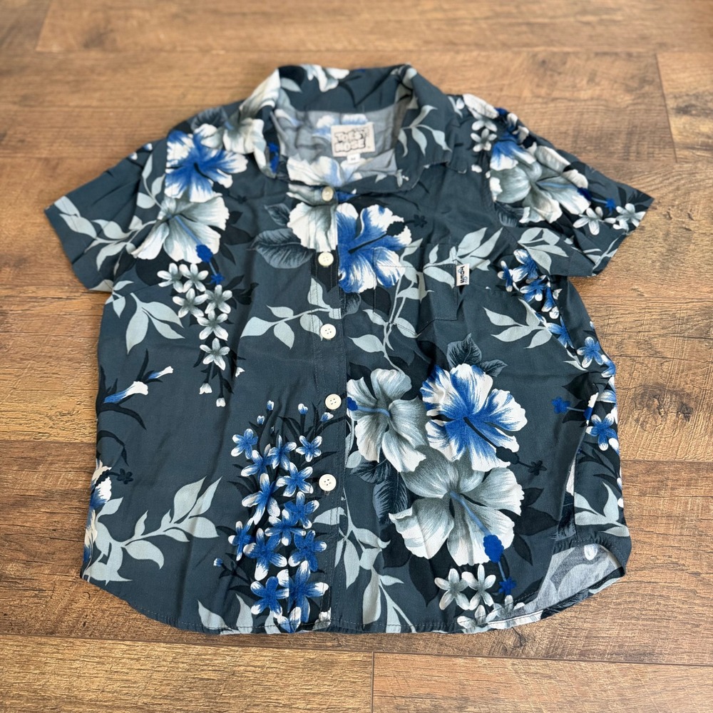 Toes on the Nose Hawaiian Shirt Medium Blue Hibiscus Floral Button Down Rayon